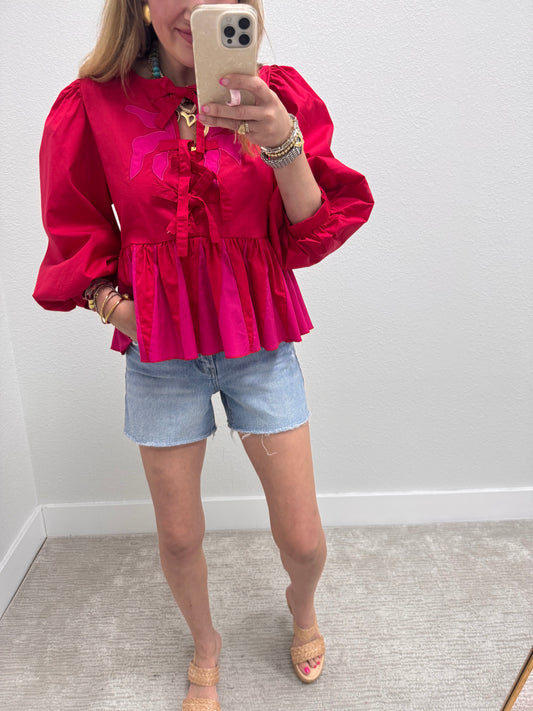 Fuchsia And Red Front Tie Ruffle Top