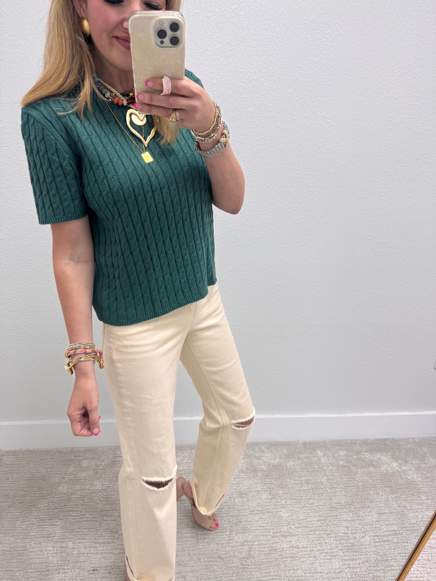 Evergreen Round Neck Cable Knit Top