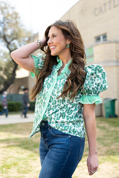 Heather Welper Green Leopard Print Ruffle Collar Top