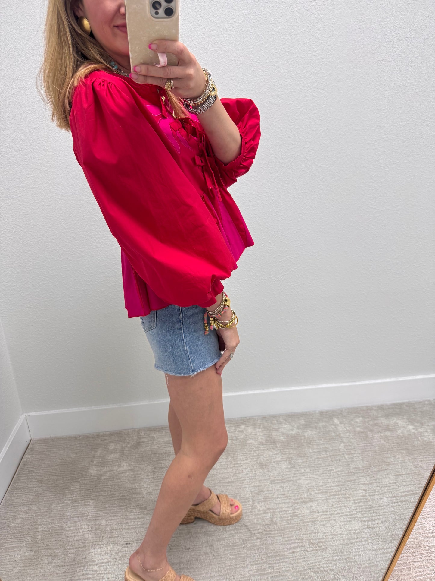 Fuchsia And Red Front Tie Ruffle Top