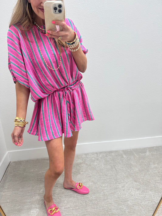 Pink and Green Striped Flowey Two Piece Short Set