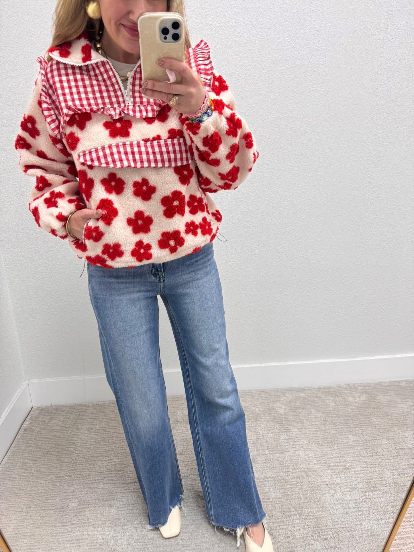 White & Red Floral Sherpa Pullover