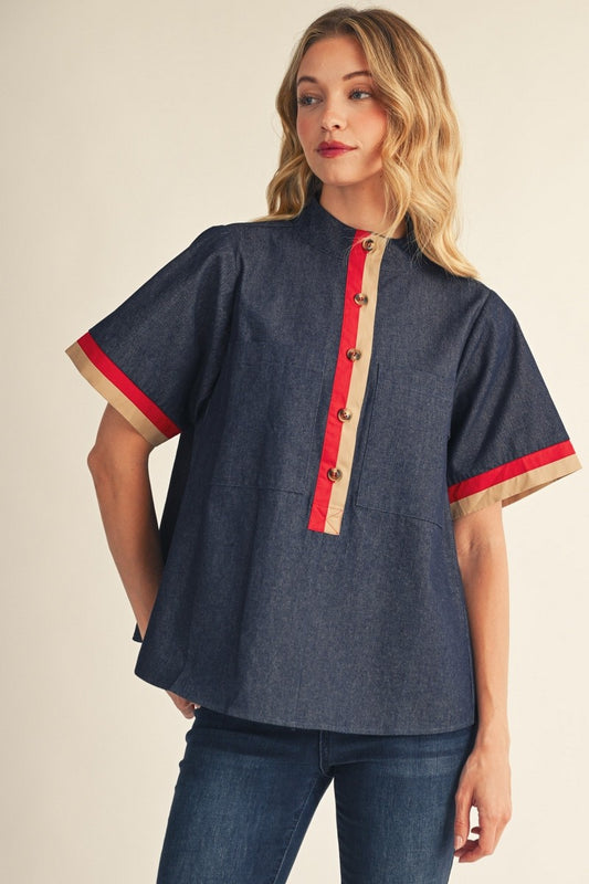 Denim Contrast Accent Mock Neck Leopard Top