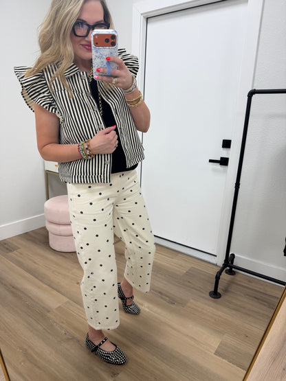 Cream & Black Polka Dot Twill Denim Straight Fit Pants