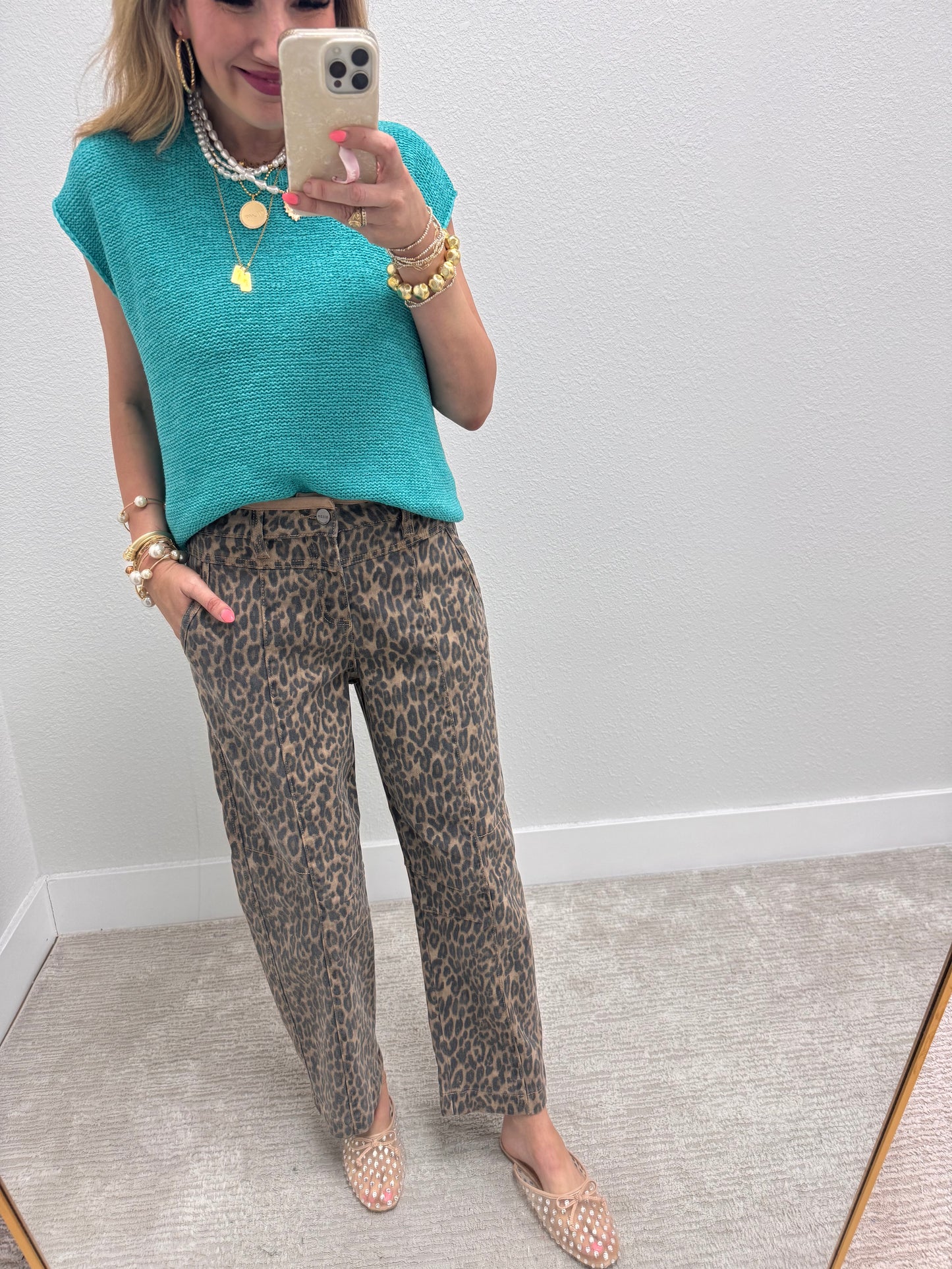 Risen Leopard Camel Mid Rise Crop Relaxed Fit Jeans