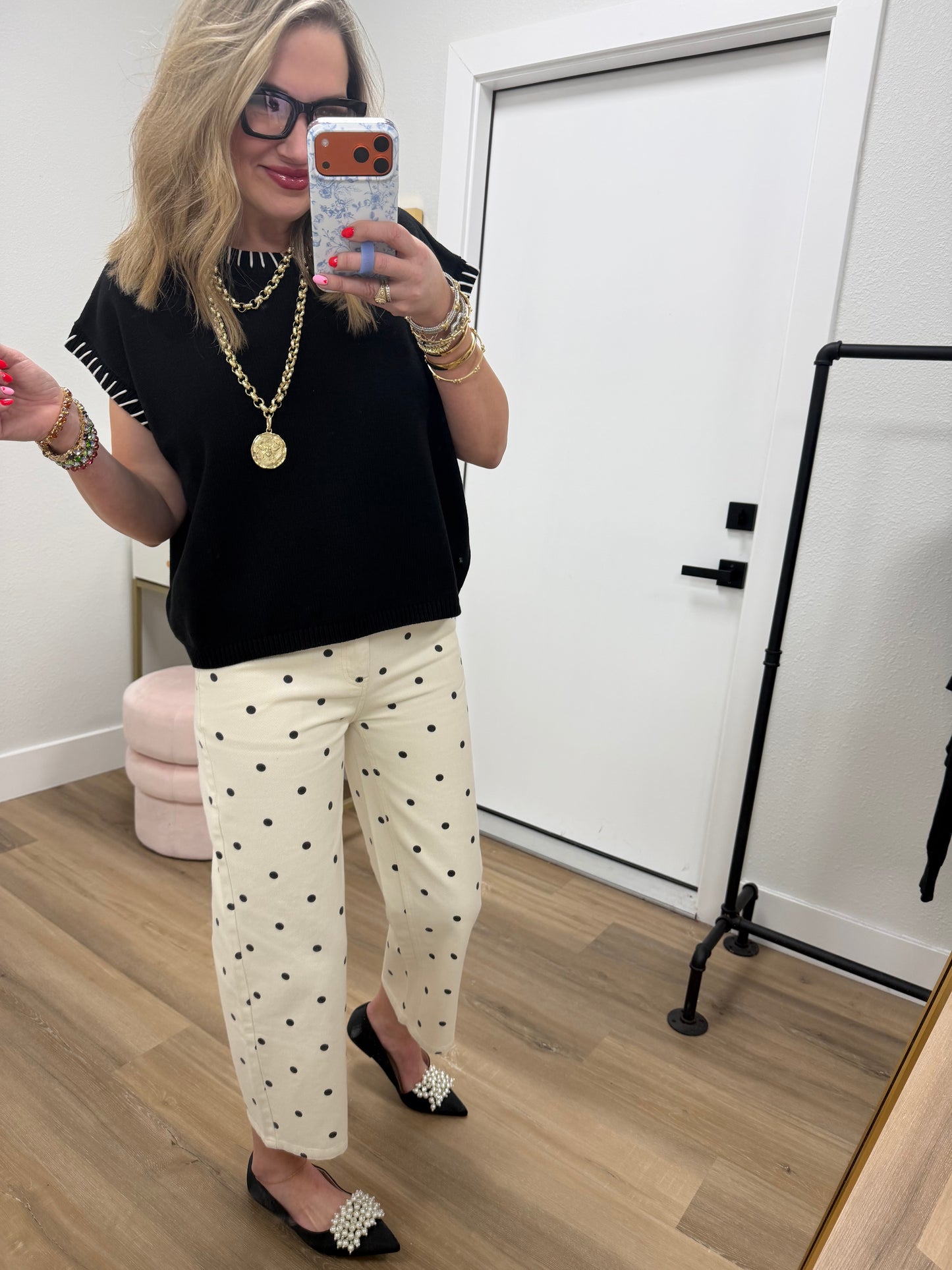 Cream & Black Polka Dot Twill Denim Straight Fit Pants