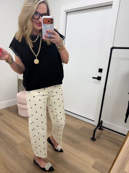 Cream & Black Polka Dot Twill Denim Straight Fit Pants