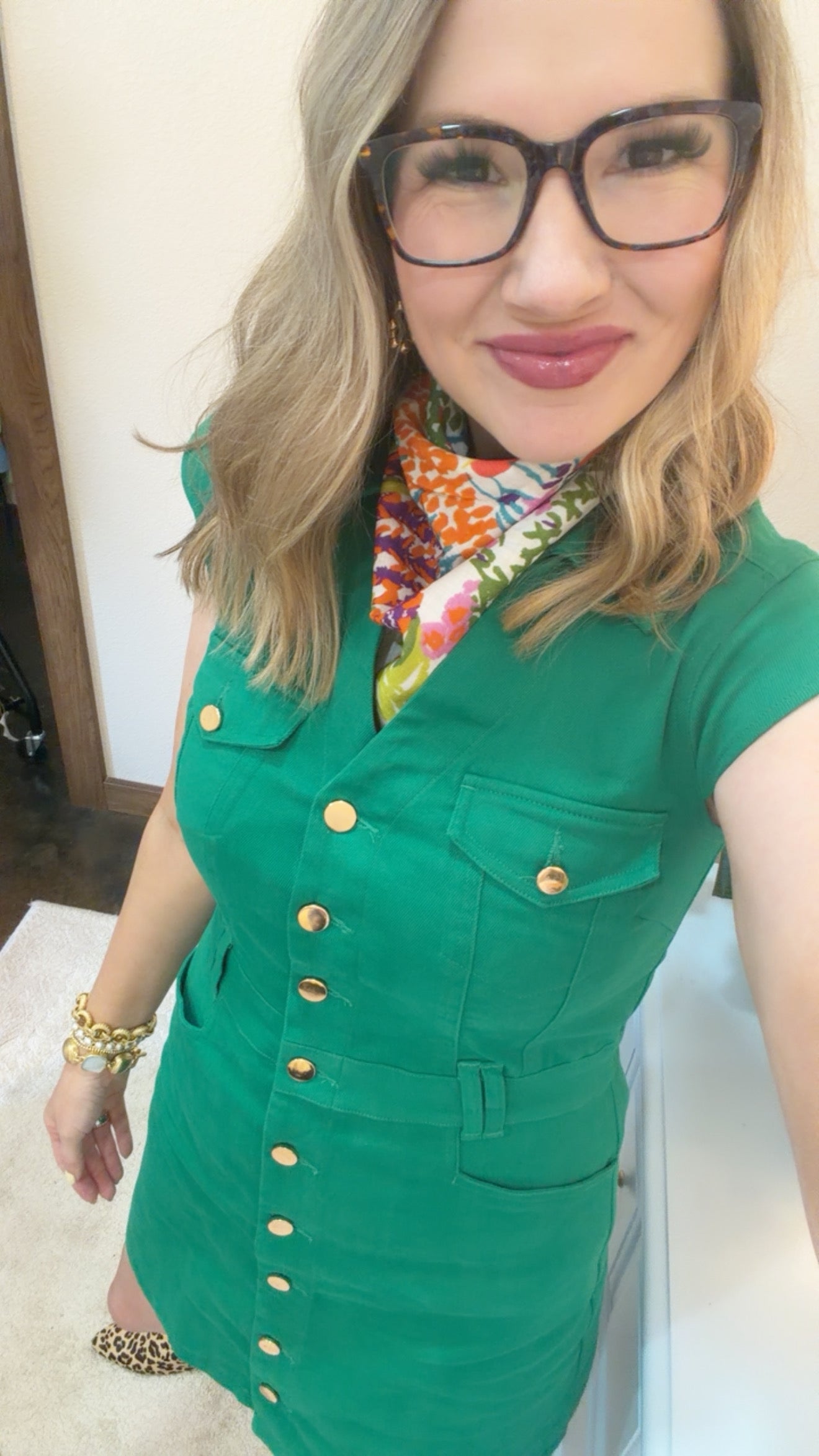 Kelly Green Denim Gold Button Up Dress