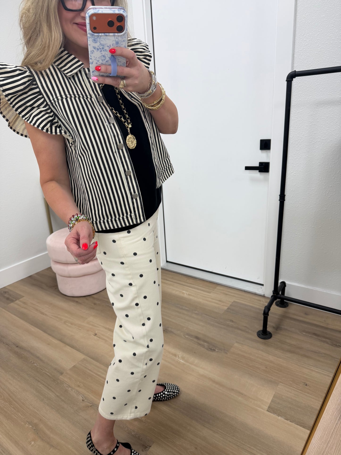 Cream & Black Polka Dot Twill Denim Straight Fit Pants