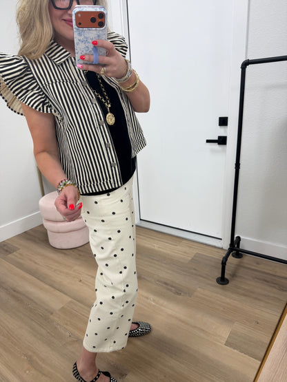 Cream & Black Polka Dot Twill Denim Straight Fit Pants