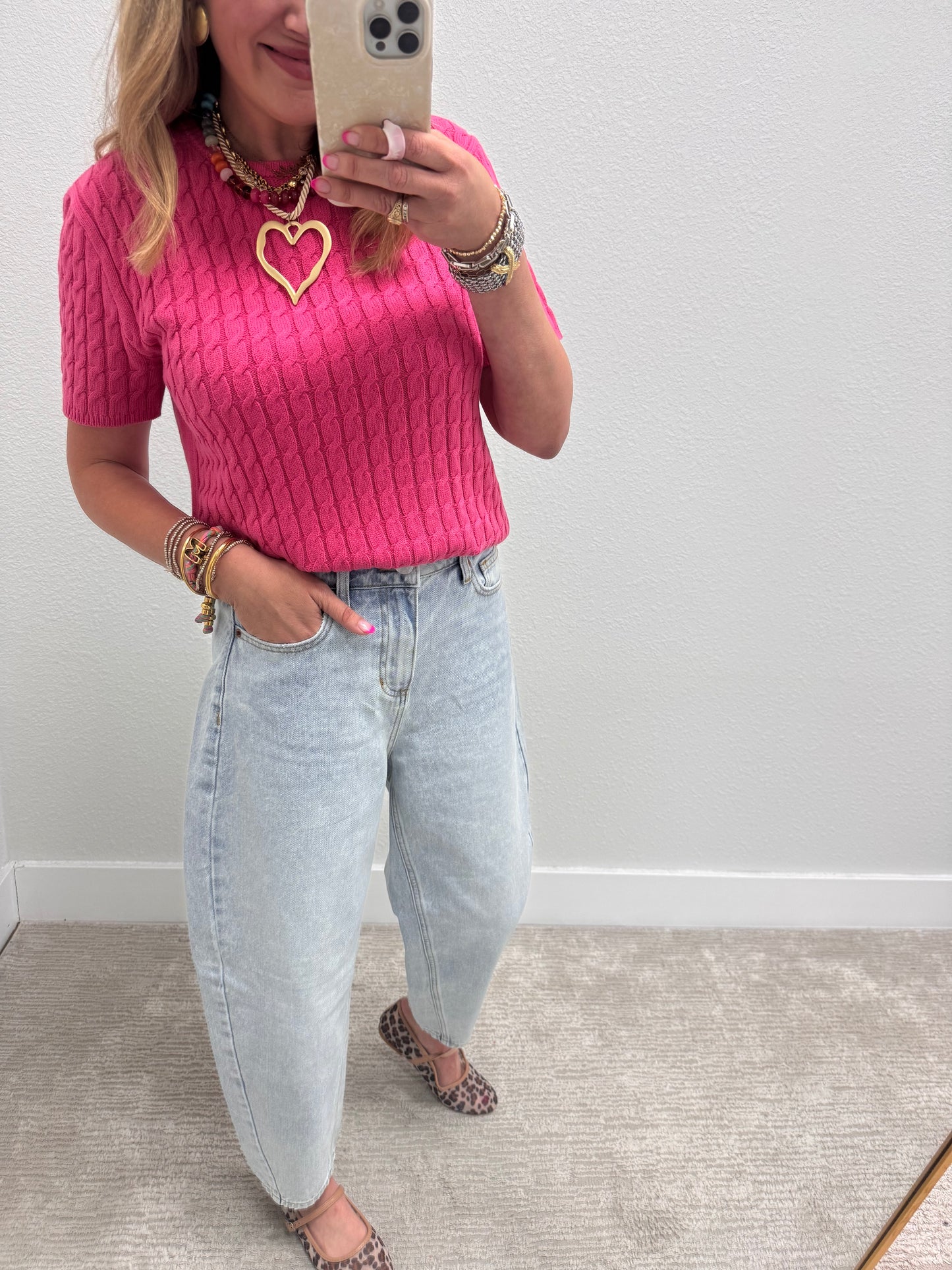 Pink Round Neck Cable Knit Top