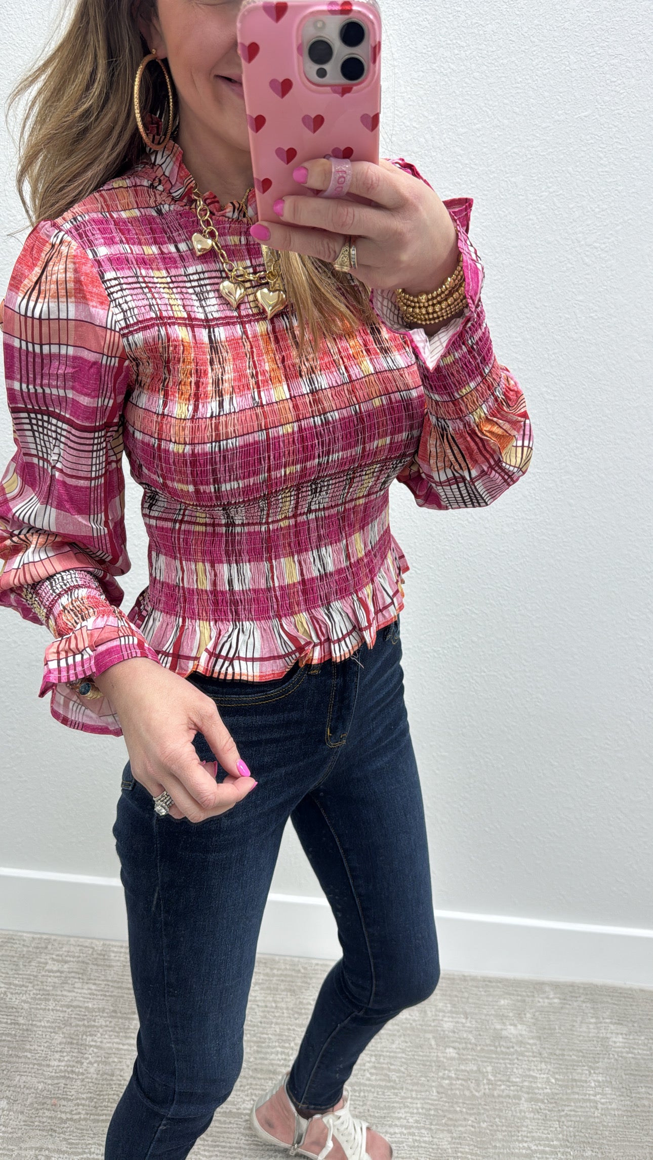 Pink Check Plaid Smocked Blouse