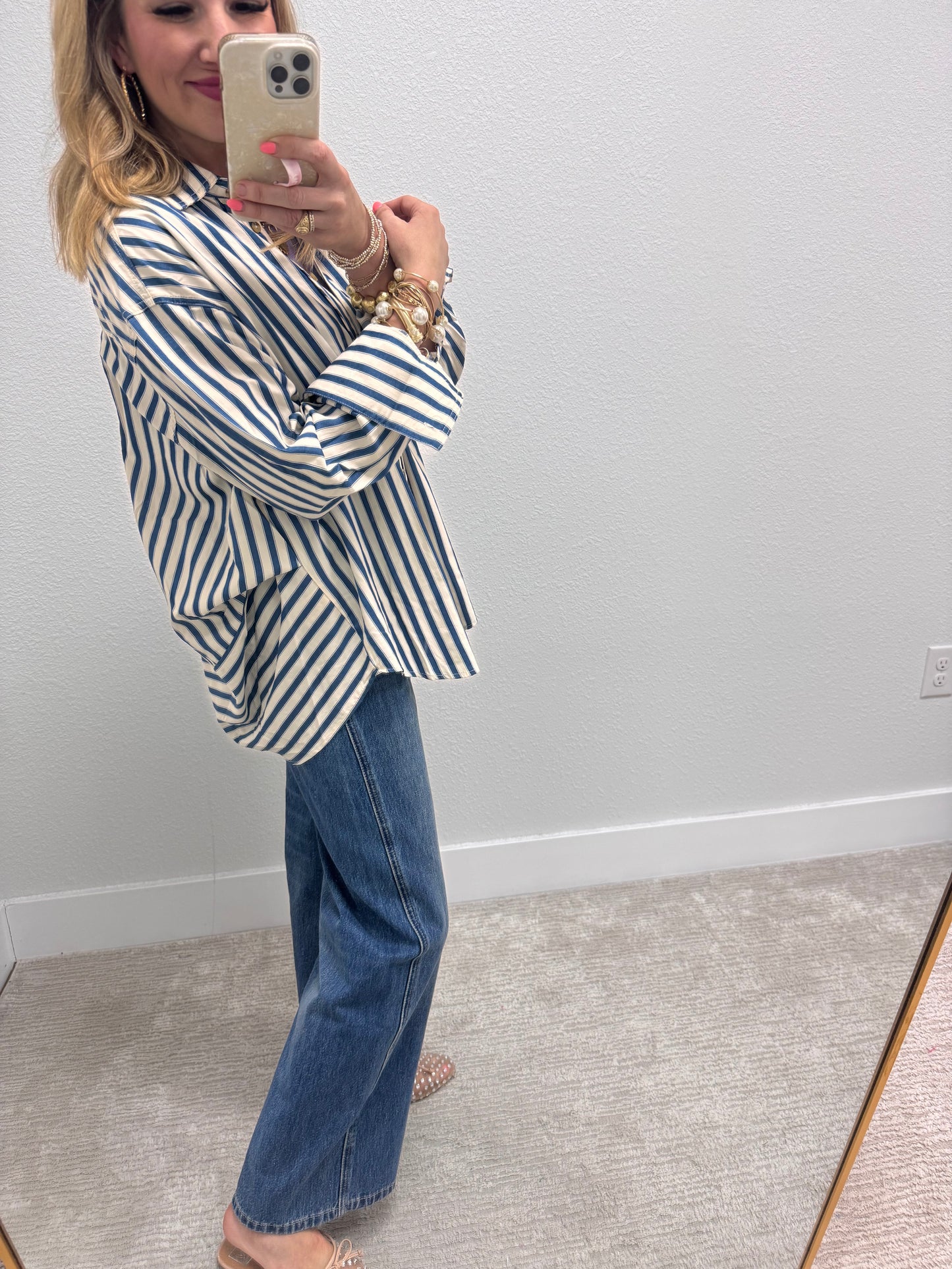 Denim Blue Stripe Button Down Top