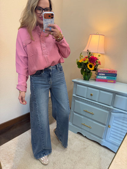 Medium Wash Wide Leg Side Panel Denim Pants