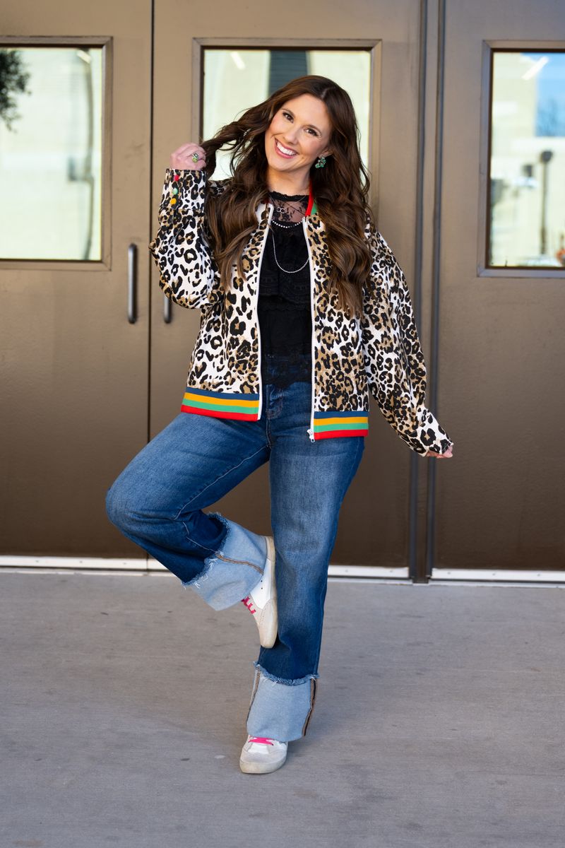 Heather Welper Collection Color Rib Band Accent Leopard Bomber Jacket