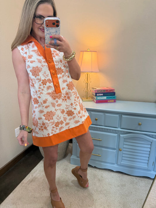 Orange Denim Floral Shift Dress
