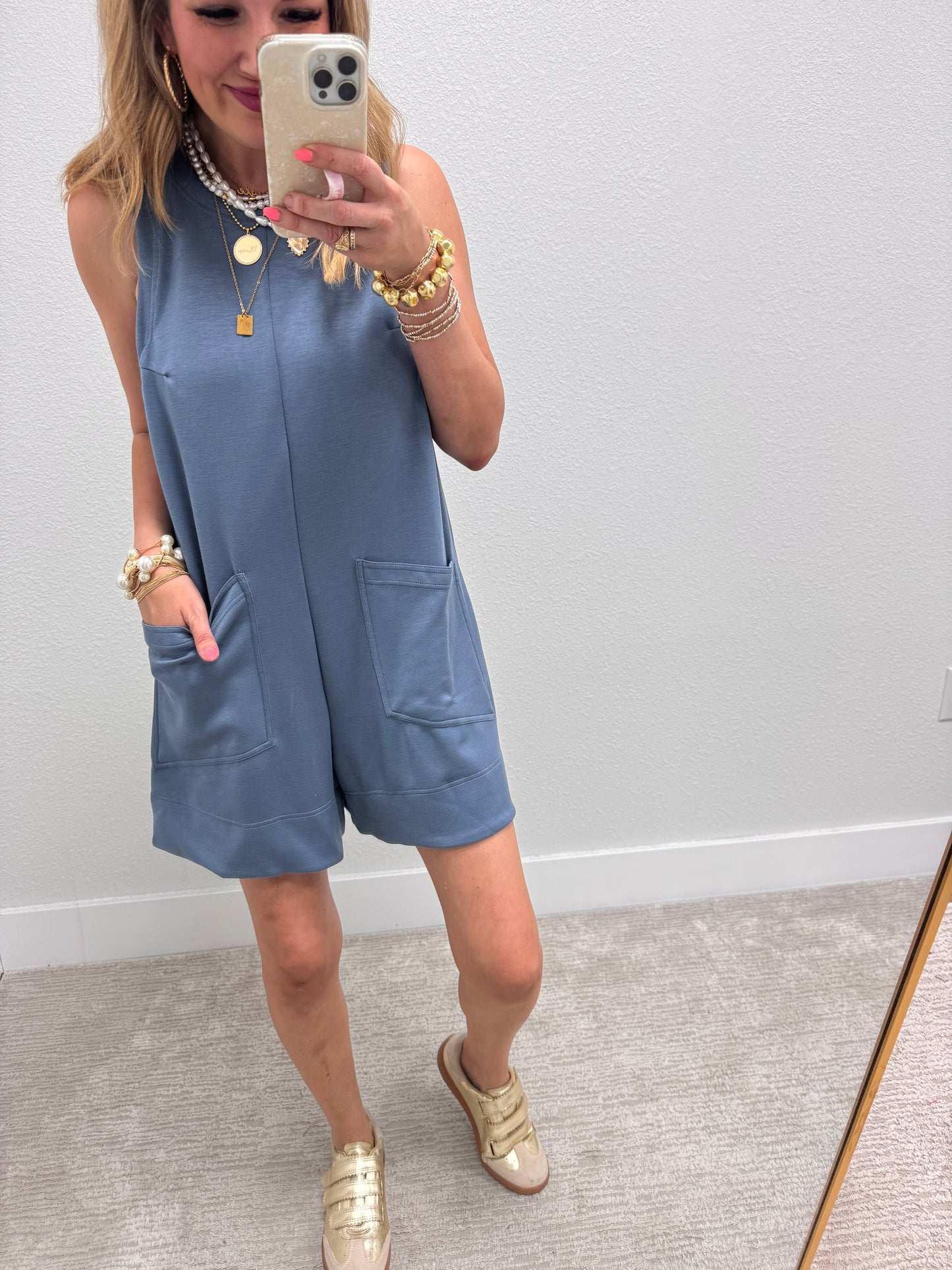 Denim Blue Solid Romper with Front Pockets