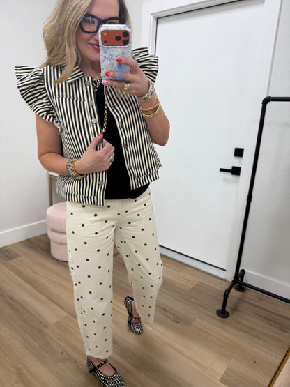 Cream & Black Polka Dot Twill Denim Straight Fit Pants