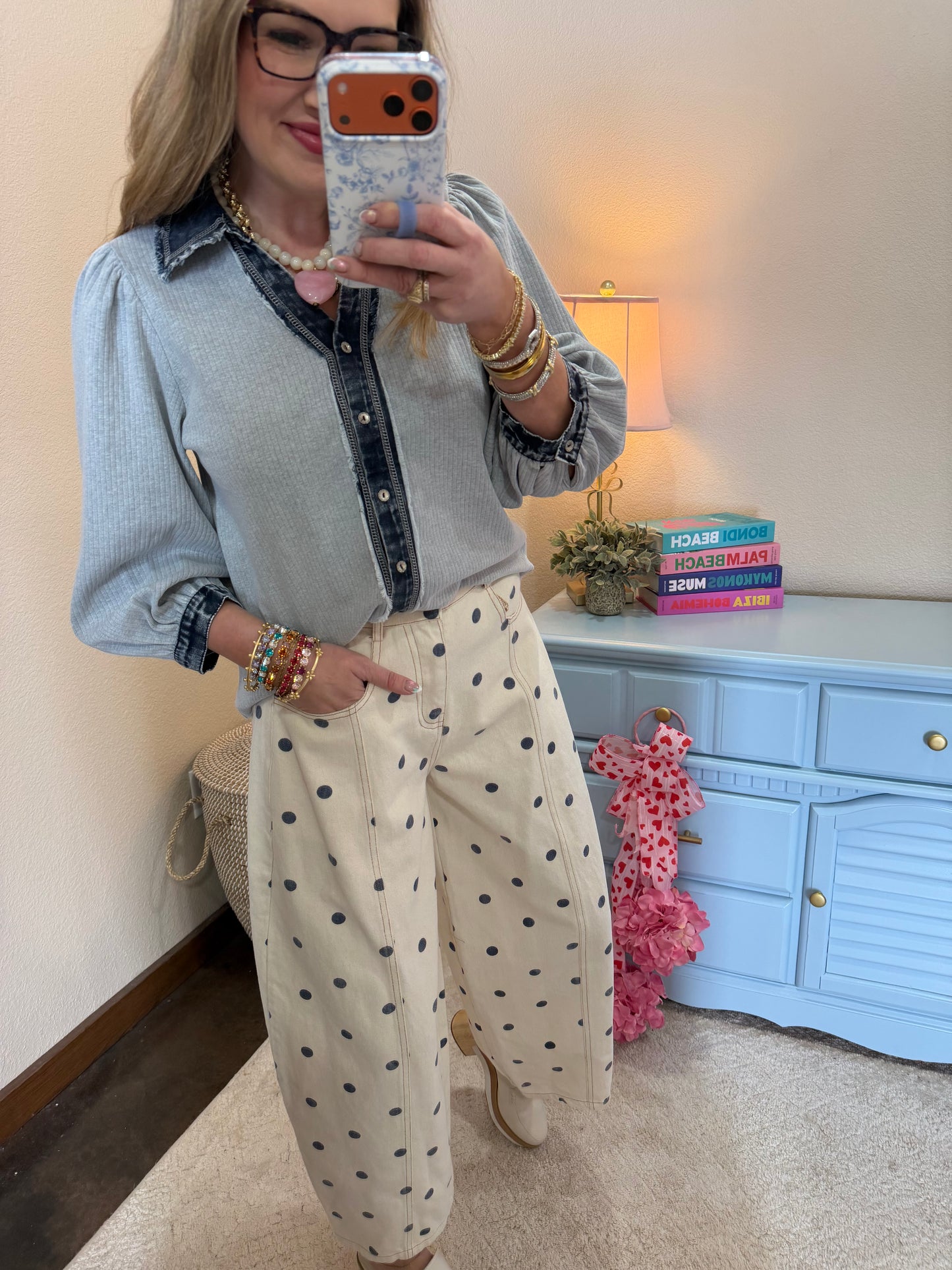 Heather Gray Denim Collar Button Up Top