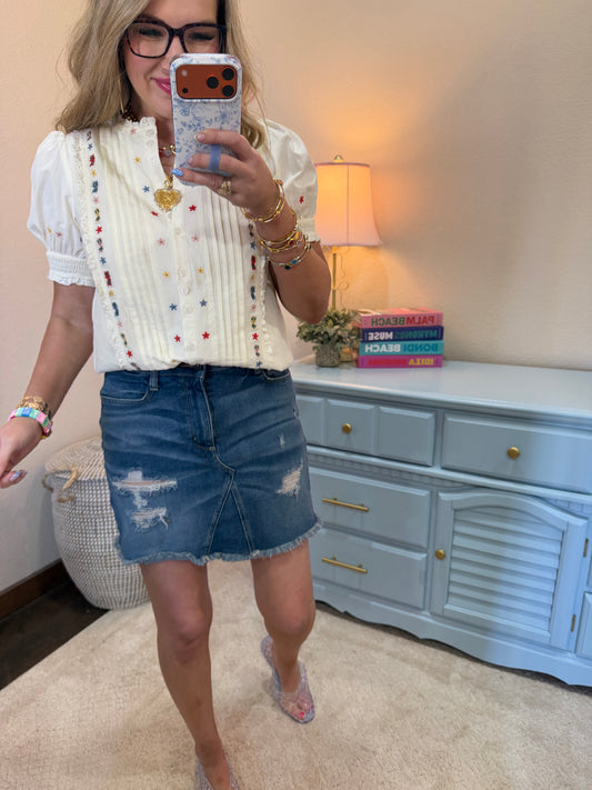 Ecru Flower Embroidered Button Down Blouse Top