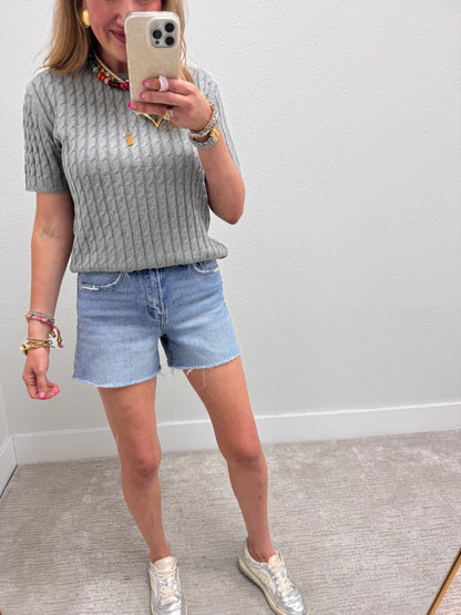 Heather Gray Round Neck Cable Knit Top