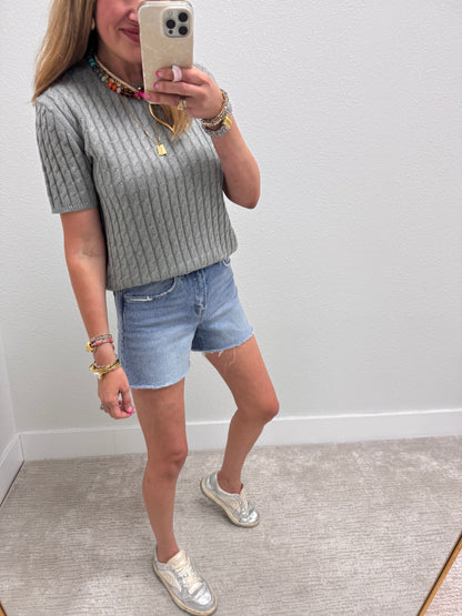 Heather Gray Round Neck Cable Knit Top