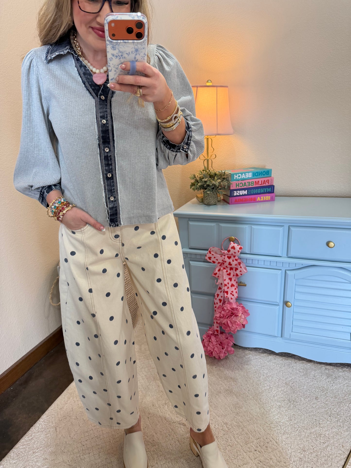 Heather Gray Denim Collar Button Up Top