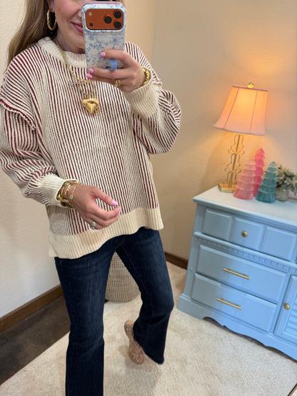 Burgundy Two Tone Crew-Neck Sweater FS