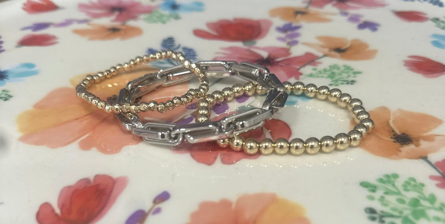 Set of Three Gold Bead With Silver Chain Link Bracelet