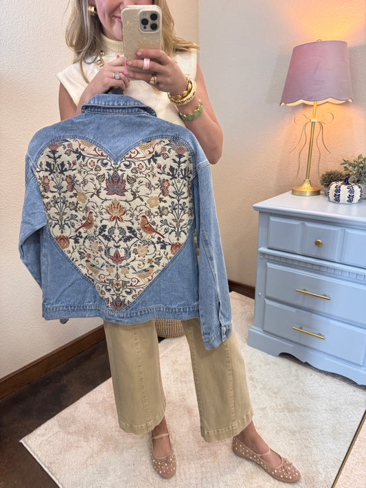 Heart Back Tapestry Panel Denim Jacket
