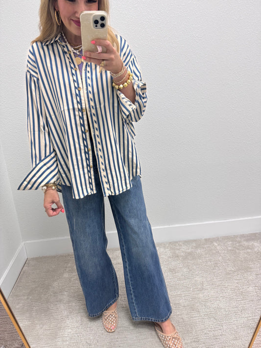 Denim Blue Stripe Button Down Top