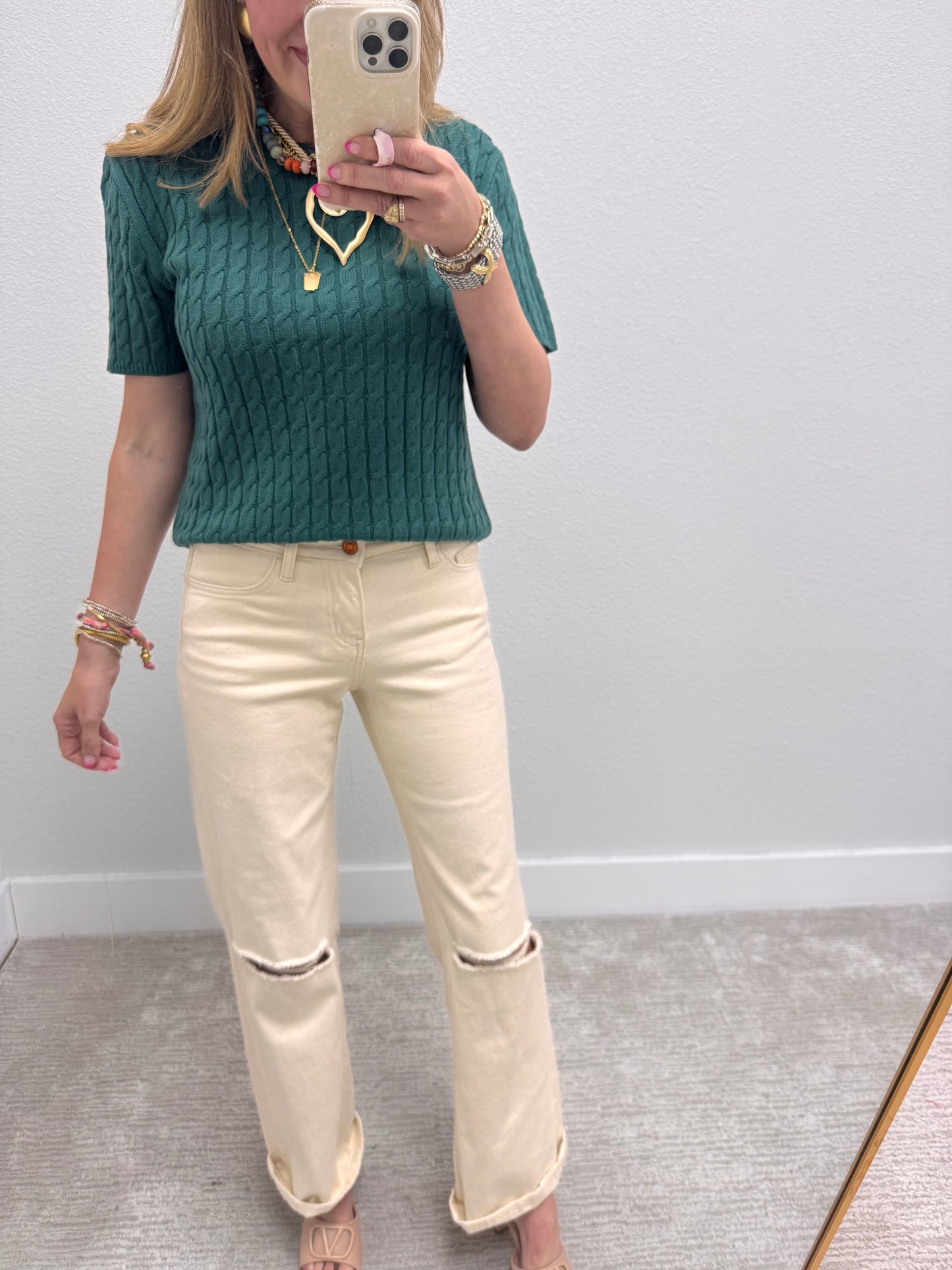 Evergreen Round Neck Cable Knit Top