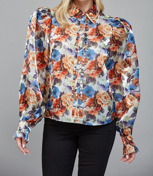 Sep11- Pale Green Multi Floral Print Ruffle Detail Top
