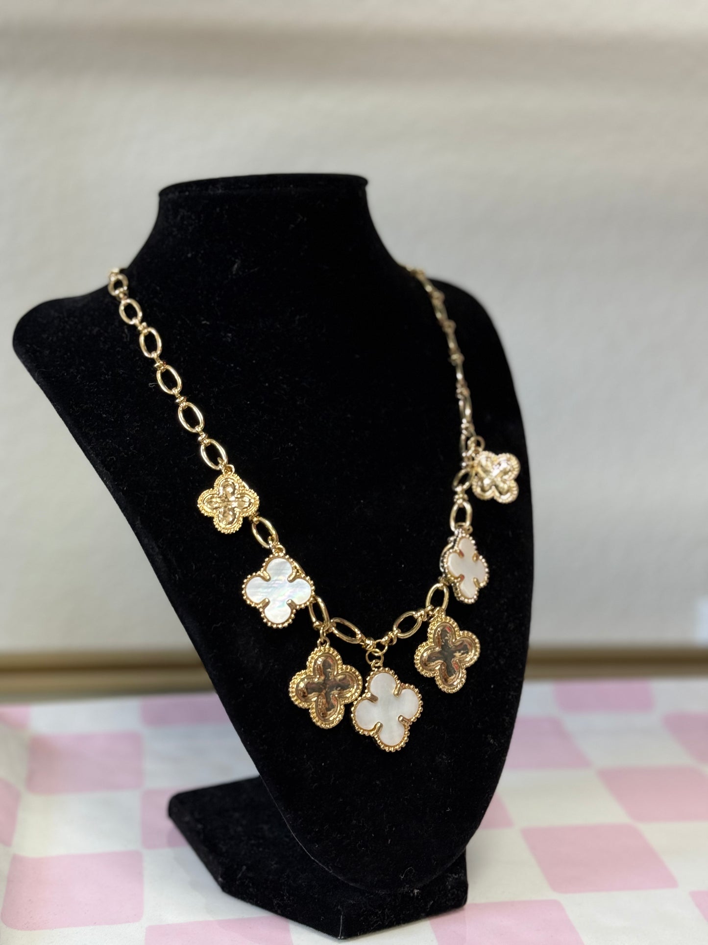 Gold Clover & Freshwater Pearl Charm Necklace