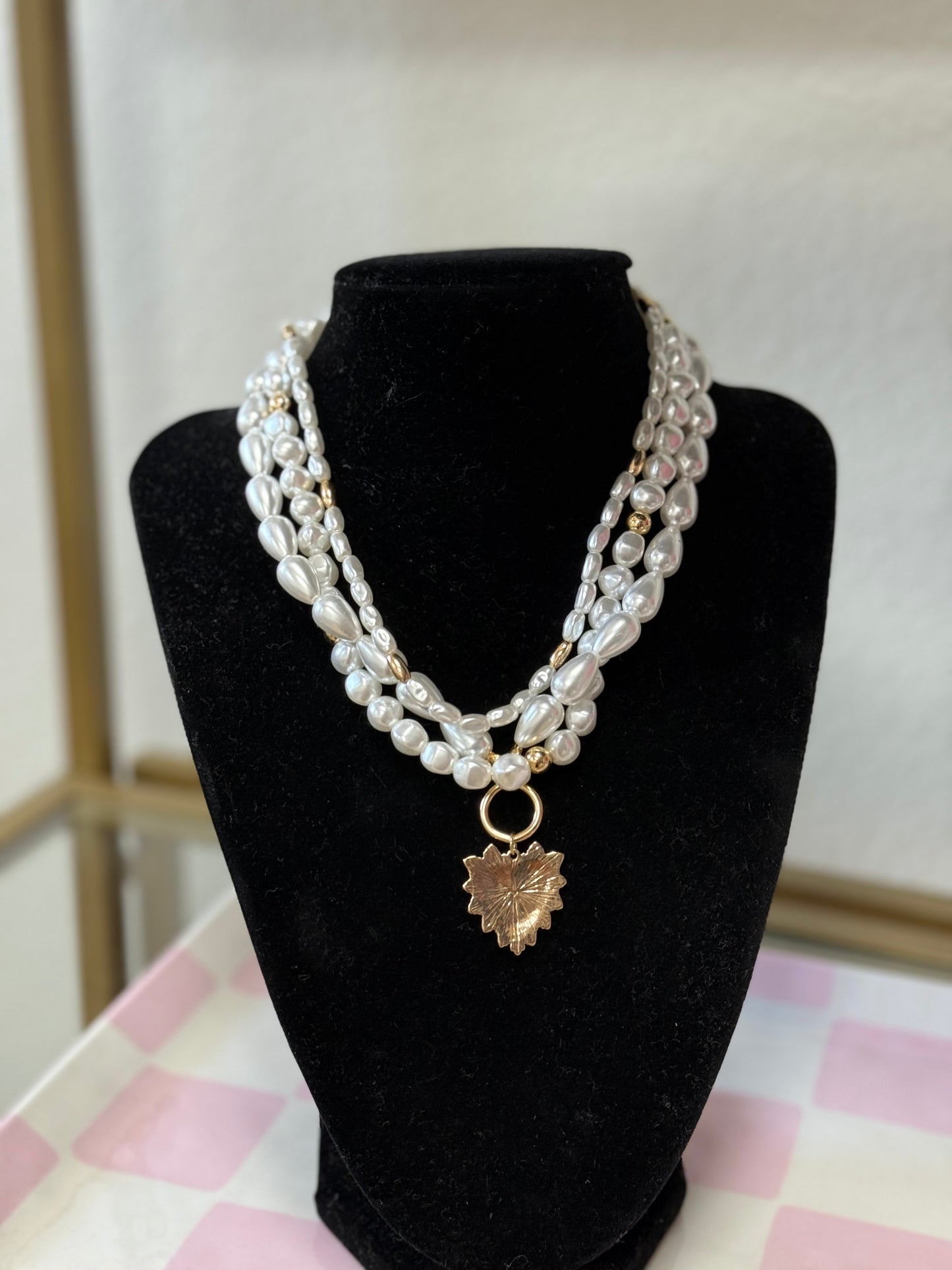 3 strand Gold Pearl Heart Necklace