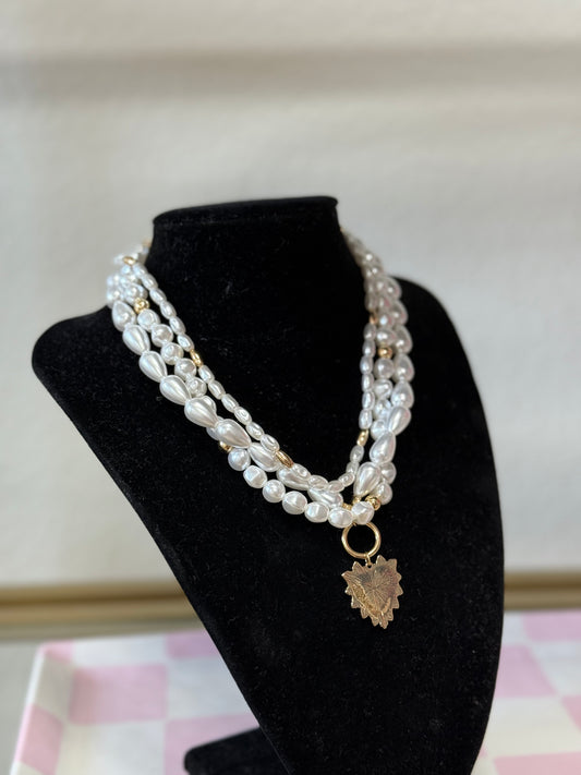 3 strand Gold Pearl Heart Necklace