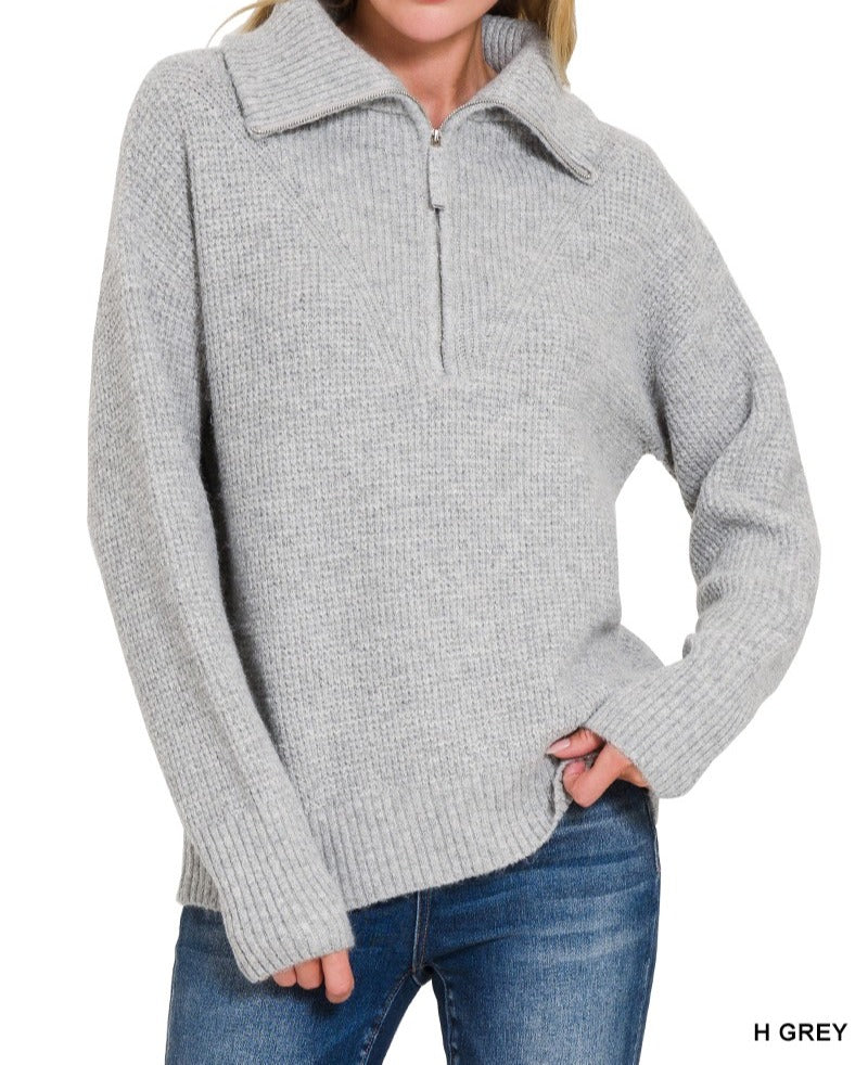 Grey Half Zip High Collared Pullover Sweater