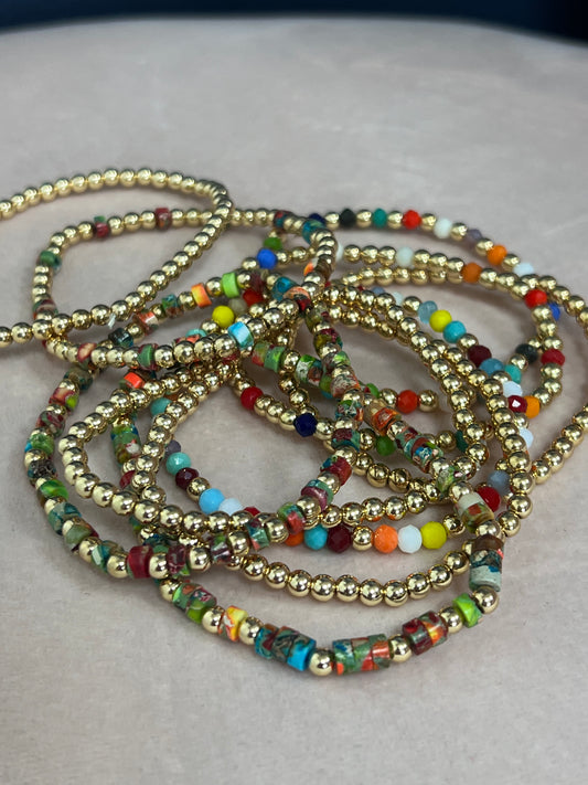 Set of 10 Gold Multi Color Beaded Bracelets
