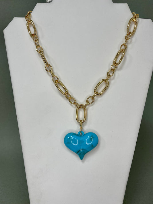 WR Gold Chunky Chain with Turquoise Resin Heart Necklace
