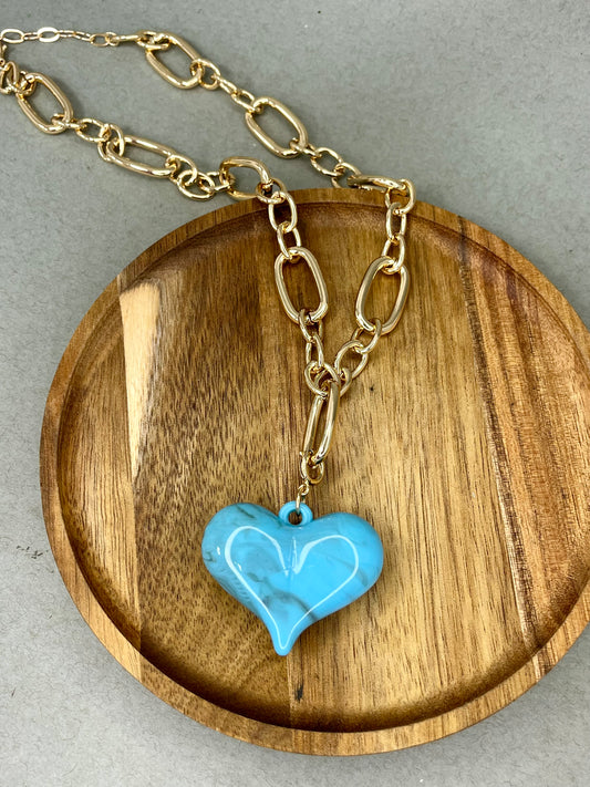 WR Gold Chunky Chain with Turquoise Resin Heart Necklace