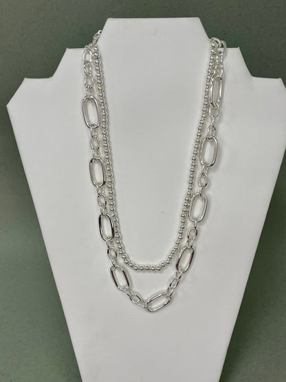 WR Beaded Chain with Open Rectangle Layered Multi Way Necklace- 2 Colors
