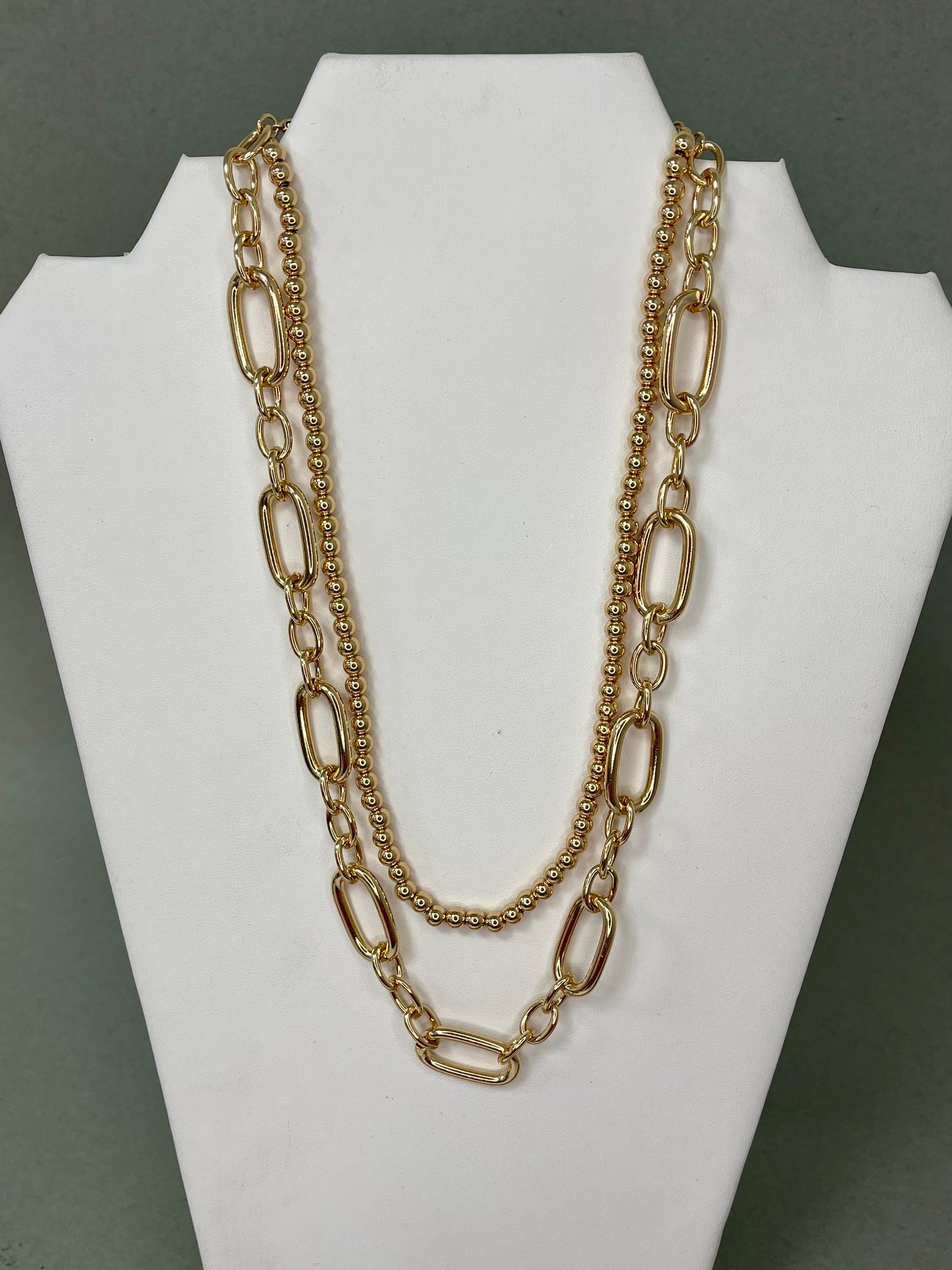 WR Beaded Chain with Open Rectangle Layered Multi Way Necklace- 2 Colors