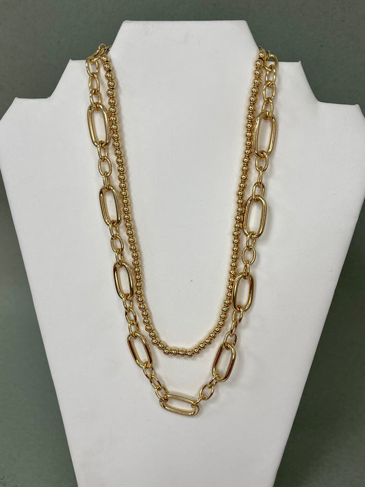 WR Beaded Chain with Open Rectangle Layered Multi Way Necklace- 2 Colors