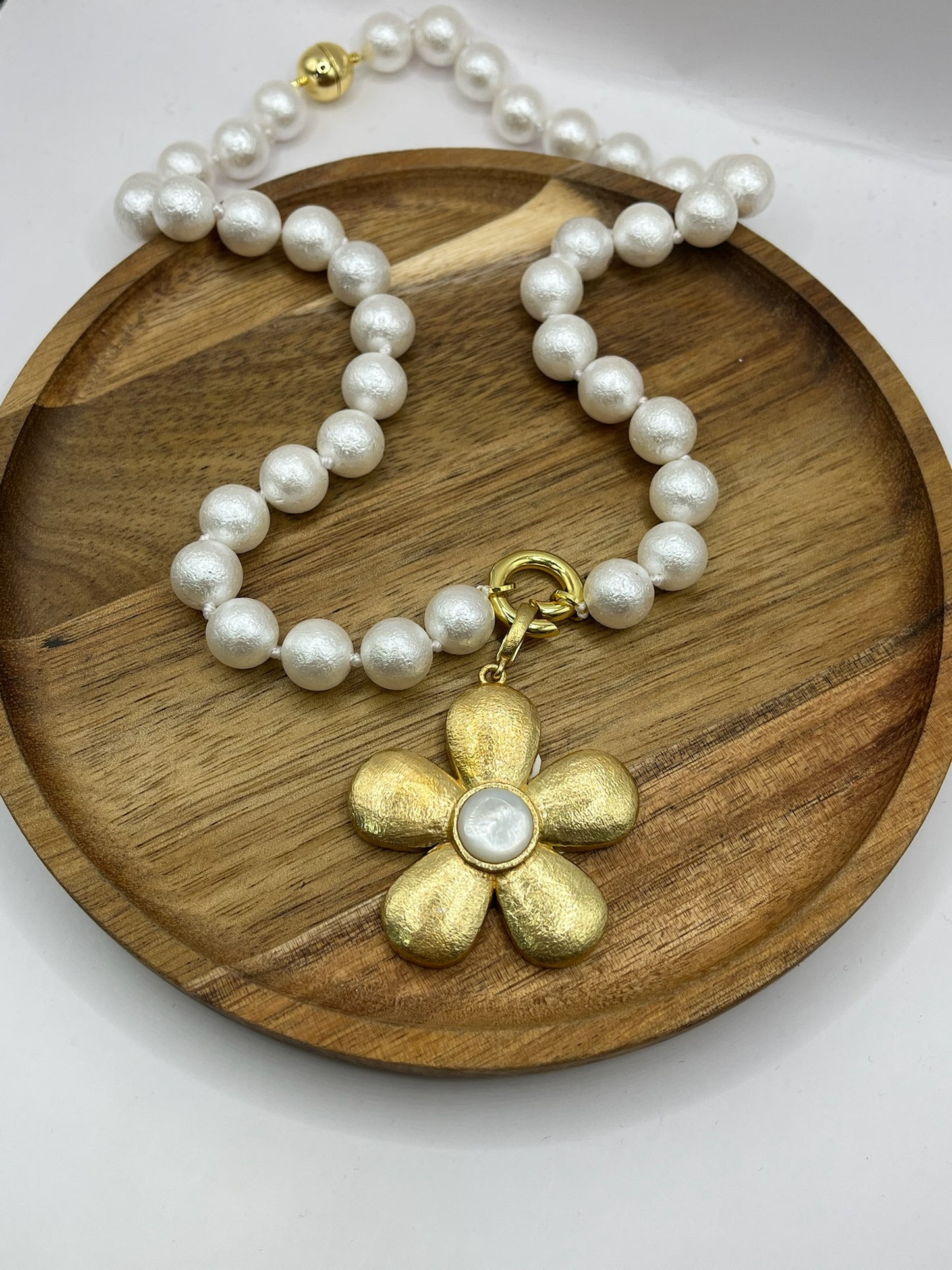 White Magnetic Bead Necklace With Removable Flower Charm