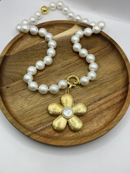 White Magnetic Bead Necklace With Removable Flower Charm