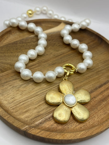 White Magnetic Bead Necklace With Removable Flower Charm