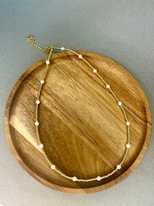 Dainty Gold Bead and Pearl Necklace