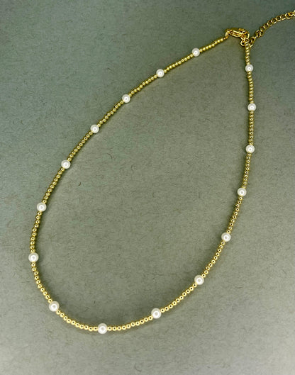 Dainty Gold Bead and Pearl Necklace