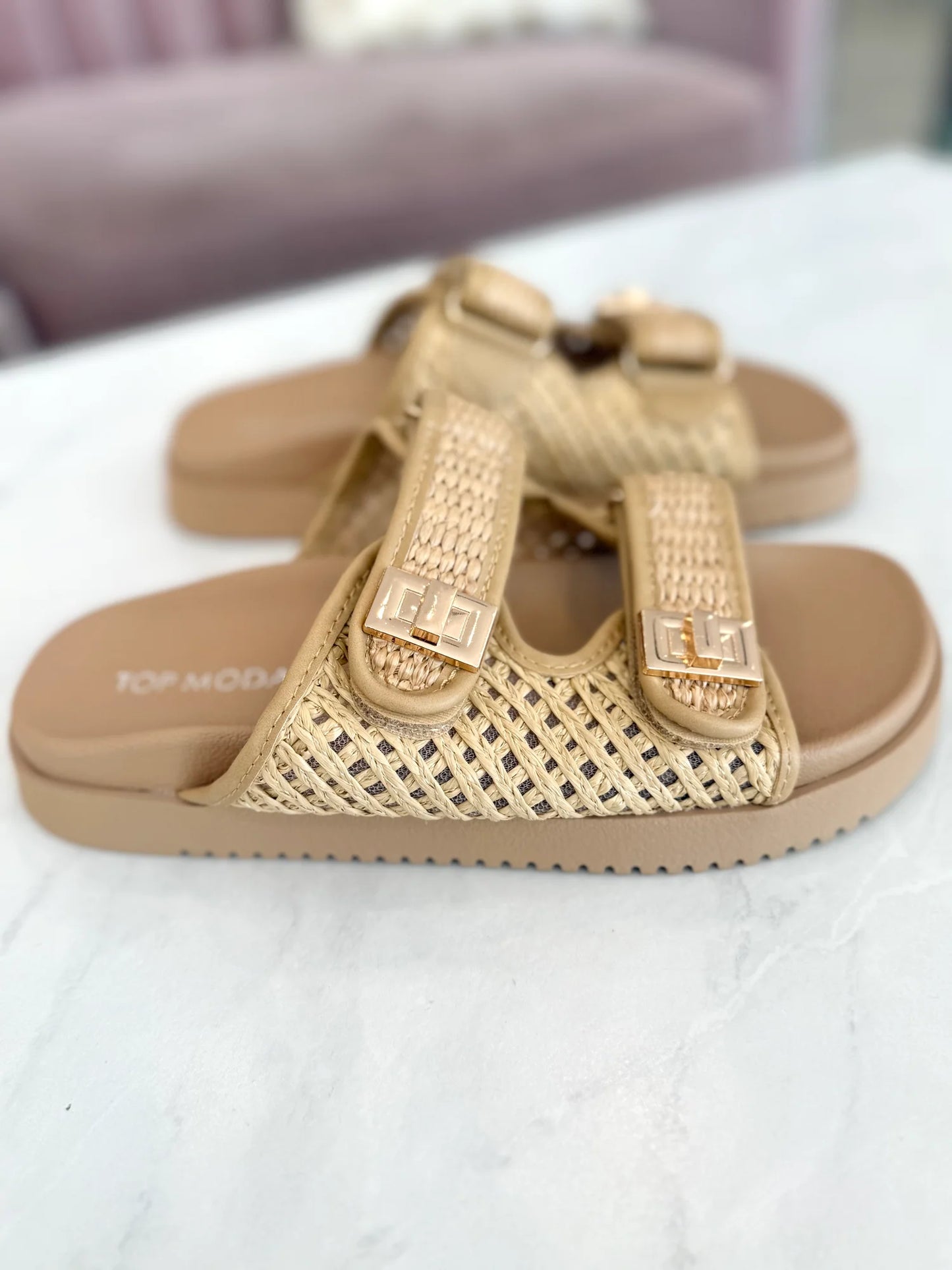 Beige Basket Woven Double Strap Sandal