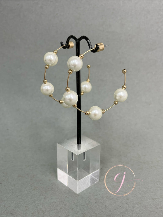 Pearl Beaded With Gold Bar Hoop Earrings